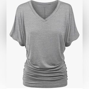 Women's Solid Short Sleeve Boat Neck V Neck Dolman Top with Side Shirring